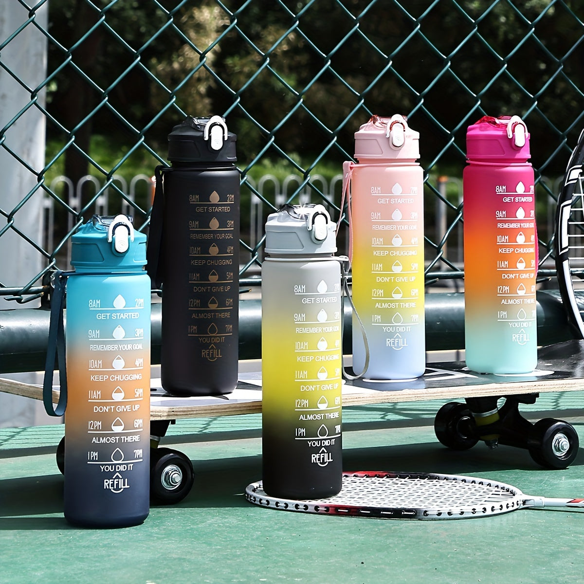 Borraccia Motivazionale Arcobaleno 750ml con Marcatori Orari e Tracolla